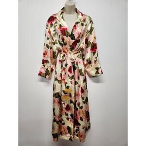 Vintage Cabernet Women s Satin Rose Floral Maxi Robe, Size Sm. Ivory Multi